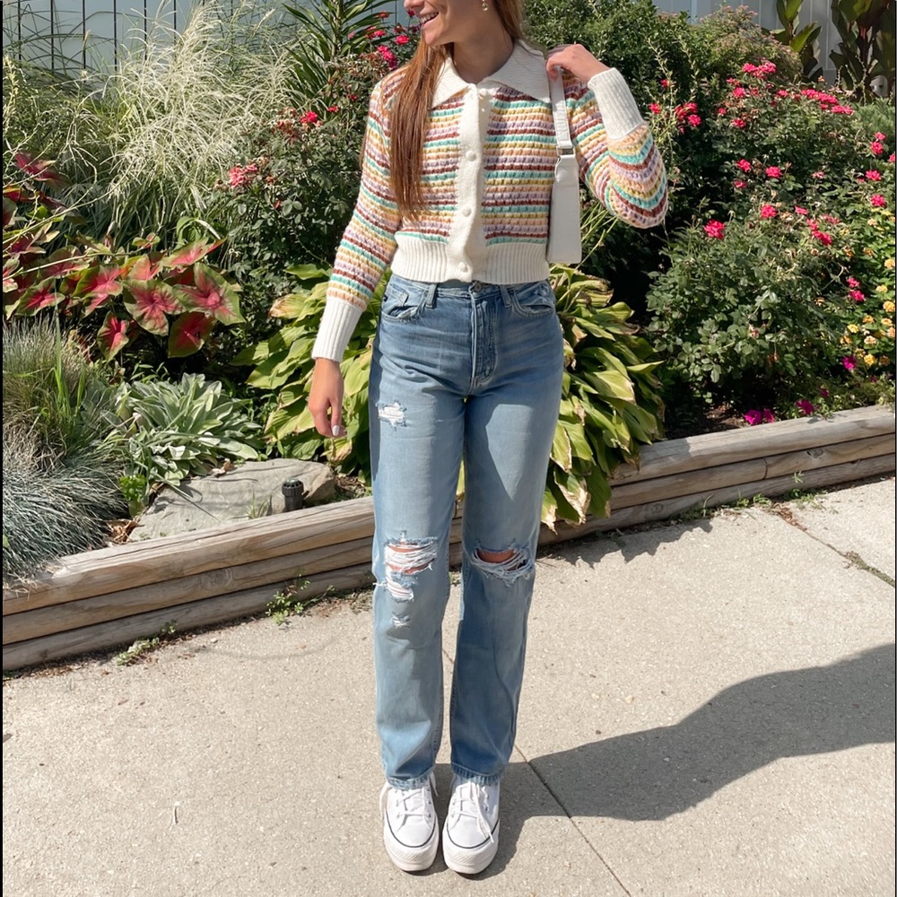 High Waisted Distressed Straight Leg Jeans